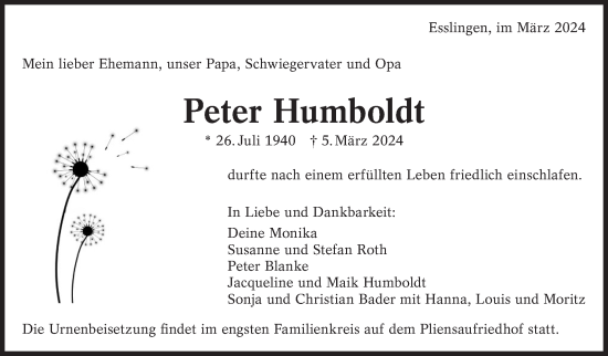 Traueranzeige von Peter Humboldt von Eßlinger Zeitung/Cannstatter Zeitung