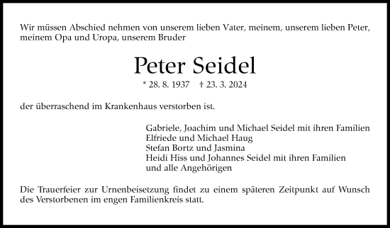 Traueranzeige von Peter Seidel von Eßlinger Zeitung/Cannstatter Zeitung