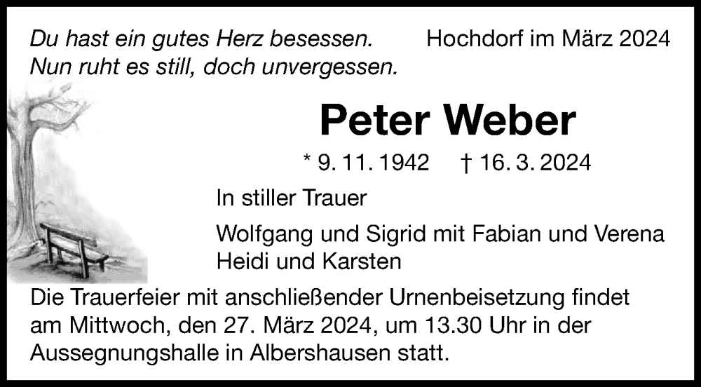  Traueranzeige für Peter Weber vom 23.03.2024 aus Eßlinger Zeitung/Cannstatter Zeitung