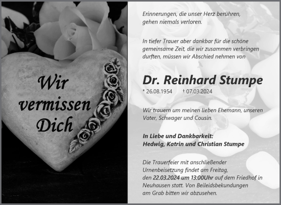 Traueranzeige von Reinhard Stumpe von Eßlinger Zeitung/Cannstatter Zeitung