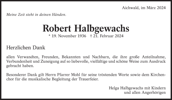 Traueranzeige von Robert Halbgewachs von Eßlinger Zeitung/Cannstatter Zeitung