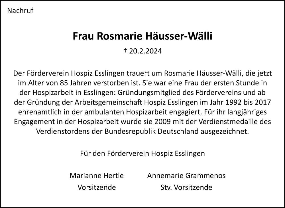  Traueranzeige für Rosmarie Häusser-Wälli vom 09.03.2024 aus Eßlinger Zeitung/Cannstatter Zeitung