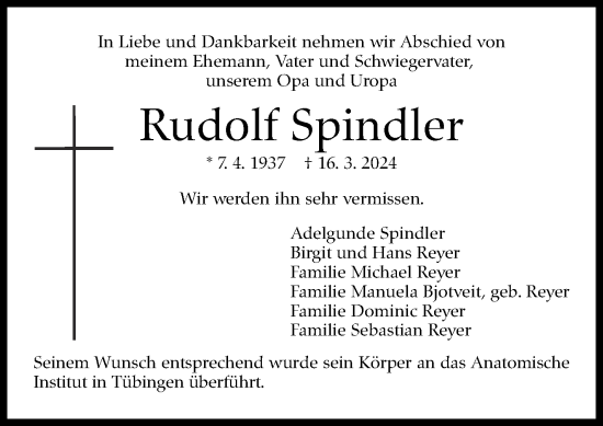 Traueranzeige von Rudolf Spindler von Eßlinger Zeitung/Cannstatter Zeitung