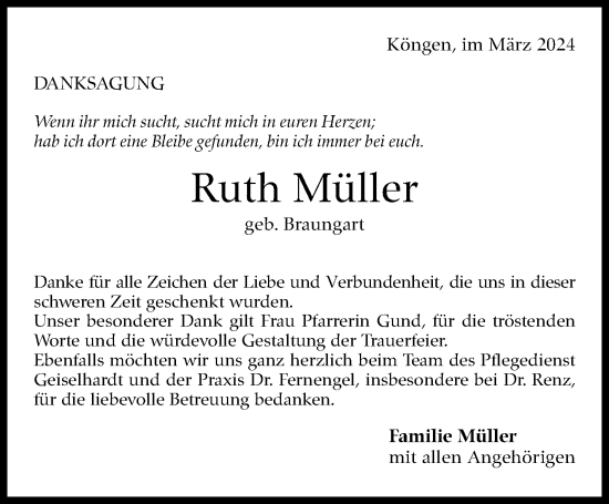 Traueranzeige von Ruth Müller von Eßlinger Zeitung/Cannstatter Zeitung