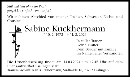 Traueranzeige von Sabine Kuckhermann von Eßlinger Zeitung/Cannstatter Zeitung