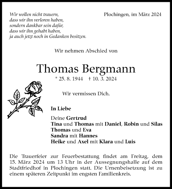 Traueranzeige von Thomas Bergmann von Eßlinger Zeitung/Cannstatter Zeitung