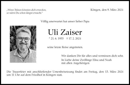 Traueranzeige von Uli Zaiser von Eßlinger Zeitung/Cannstatter Zeitung