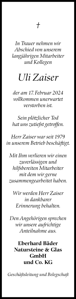 Traueranzeige von Uli Zaiser von Eßlinger Zeitung/Cannstatter Zeitung