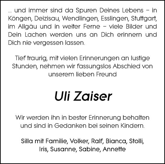 Traueranzeige von Uli Zaiser von Eßlinger Zeitung/Cannstatter Zeitung