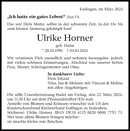 Traueranzeige von Ulrike Horner von Eßlinger Zeitung/Cannstatter Zeitung