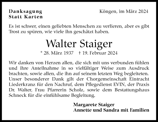 Traueranzeige von Walter Staiger von Eßlinger Zeitung/Cannstatter Zeitung