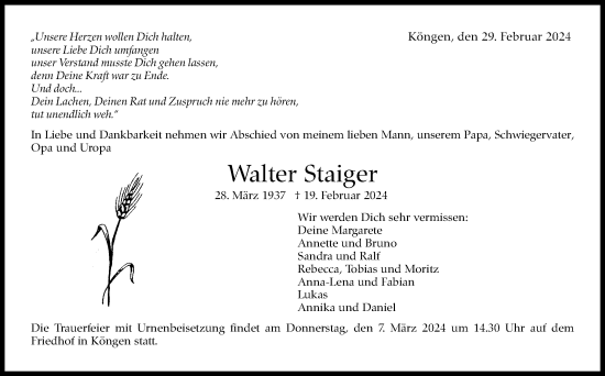 Traueranzeige von Walter Staiger von Eßlinger Zeitung/Cannstatter Zeitung