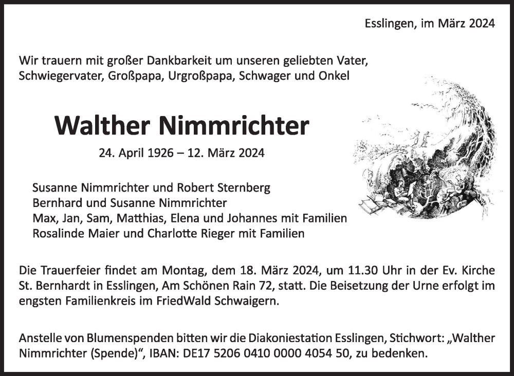  Traueranzeige für Walther Nimmrichter vom 16.03.2024 aus Eßlinger Zeitung/Cannstatter Zeitung