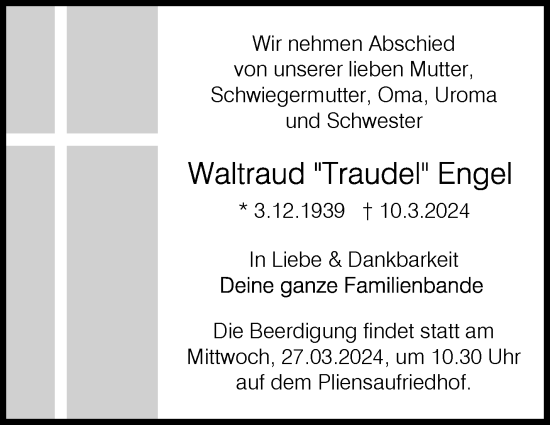 Traueranzeige von Waltraud  Engel von Eßlinger Zeitung/Cannstatter Zeitung