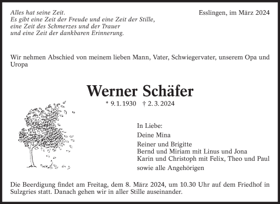 Traueranzeige von Werner Schäfer von Eßlinger Zeitung/Cannstatter Zeitung
