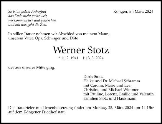 Traueranzeige von Werner Stotz von Eßlinger Zeitung/Cannstatter Zeitung