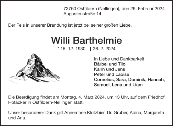 Traueranzeige von Willi Barthelmie von Eßlinger Zeitung/Cannstatter Zeitung