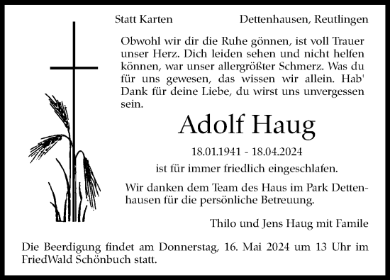 Traueranzeige von Adolf Haug von Eßlinger Zeitung/Cannstatter Zeitung