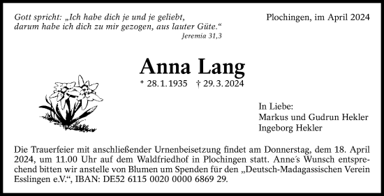 Traueranzeige von Anna Lang von Eßlinger Zeitung/Cannstatter Zeitung