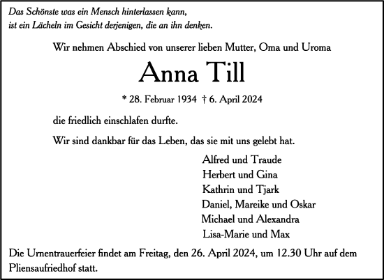 Traueranzeige von Anna Till von Eßlinger Zeitung/Cannstatter Zeitung