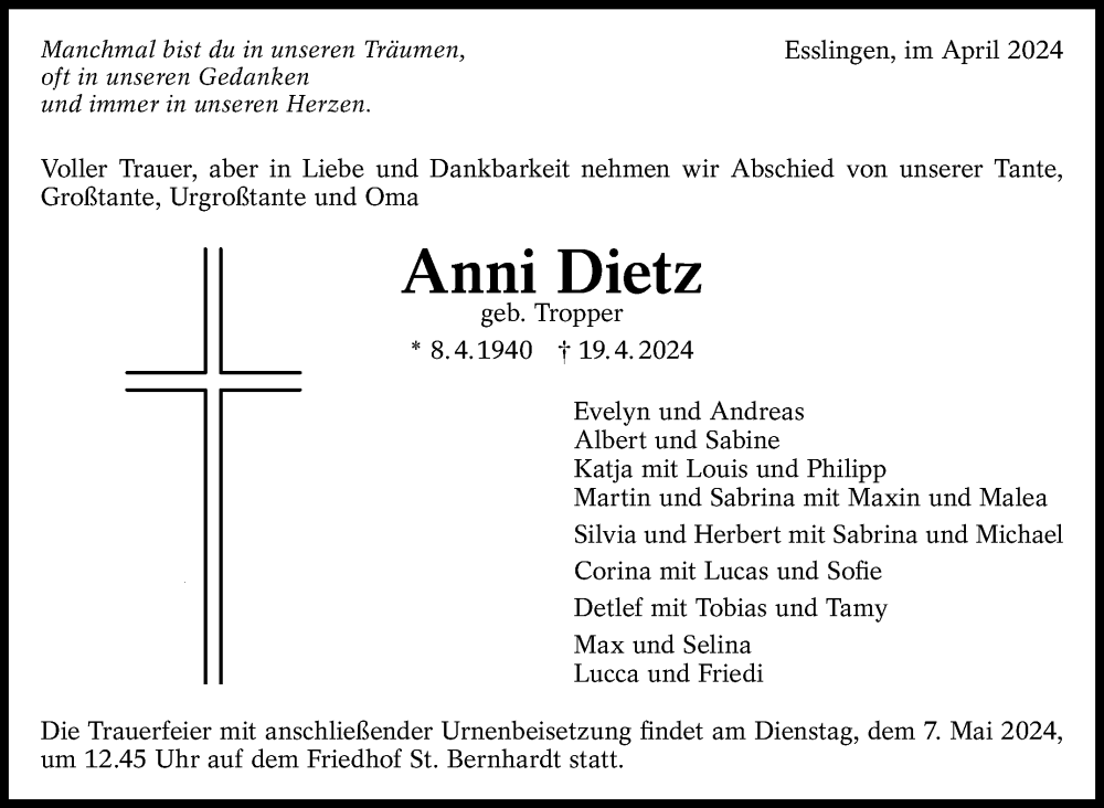  Traueranzeige für Anni Dietz vom 27.04.2024 aus Eßlinger Zeitung/Cannstatter Zeitung