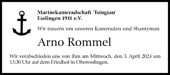 Traueranzeige von Arno Rommel von Eßlinger Zeitung/Cannstatter Zeitung