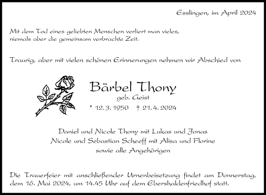 Traueranzeige von Bärbel Thony von Eßlinger Zeitung/Cannstatter Zeitung