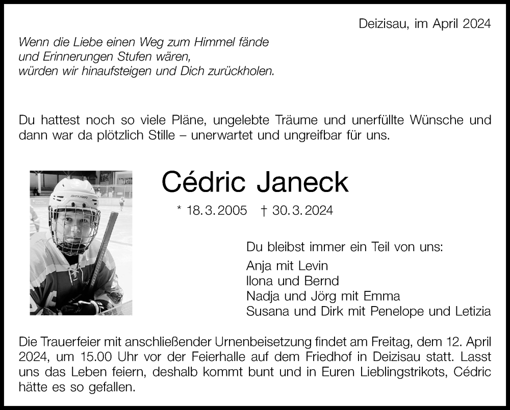  Traueranzeige für Cedric Janeck vom 06.04.2024 aus Eßlinger Zeitung/Cannstatter Zeitung