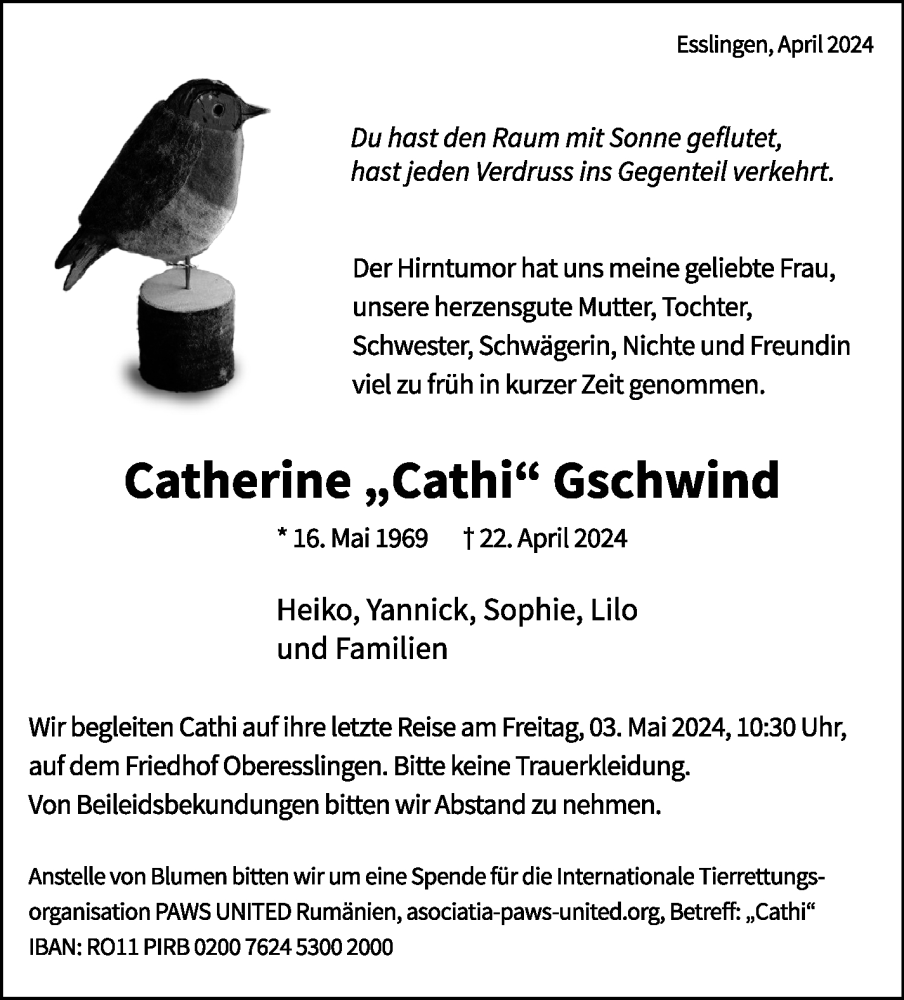  Traueranzeige für Catherine Gschwind vom 27.04.2024 aus Eßlinger Zeitung/Cannstatter Zeitung