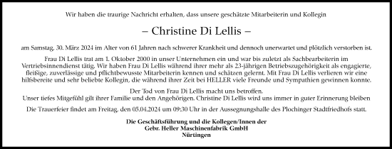 Traueranzeige von Christine Di Lellis von Eßlinger Zeitung/Cannstatter Zeitung
