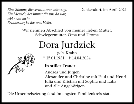 Traueranzeige von Dora Jurdzick von Eßlinger Zeitung/Cannstatter Zeitung