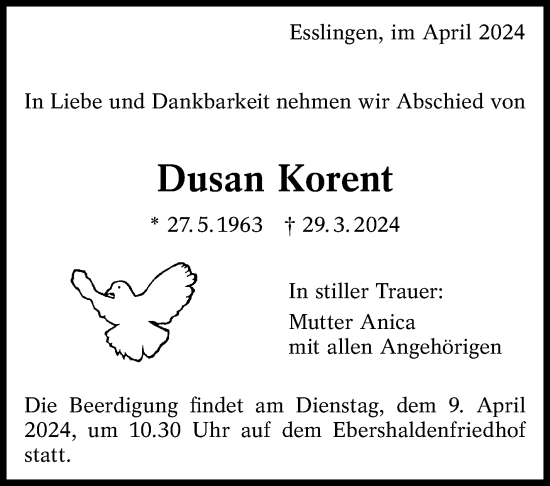 Traueranzeige von Dusan Korent von Eßlinger Zeitung/Cannstatter Zeitung