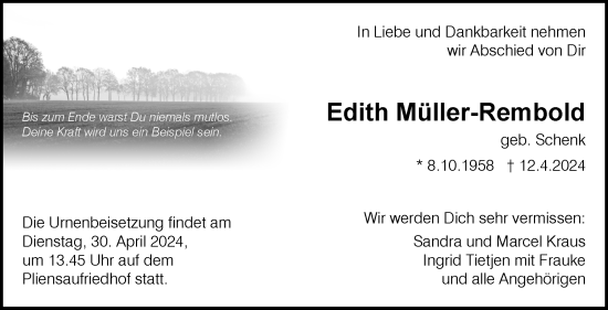Traueranzeige von Edith Müller-Rembold von Eßlinger Zeitung/Cannstatter Zeitung