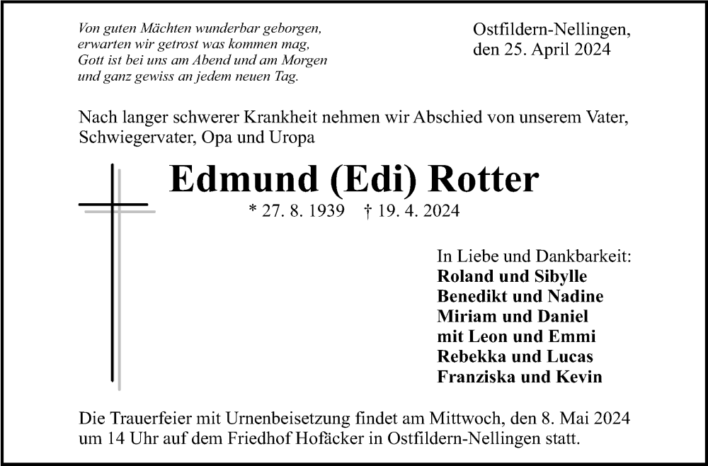  Traueranzeige für Edmund Rotter vom 25.04.2024 aus Eßlinger Zeitung/Cannstatter Zeitung