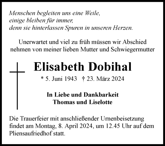 Traueranzeige von Elisabeth Dobihal von Eßlinger Zeitung/Cannstatter Zeitung