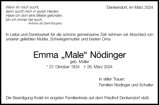 Traueranzeige von Emma Nödinger von Eßlinger Zeitung/Cannstatter Zeitung