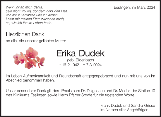 Traueranzeige von Erika Dudek von Eßlinger Zeitung/Cannstatter Zeitung
