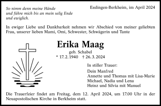 Traueranzeige von Erika Maag von Eßlinger Zeitung/Cannstatter Zeitung
