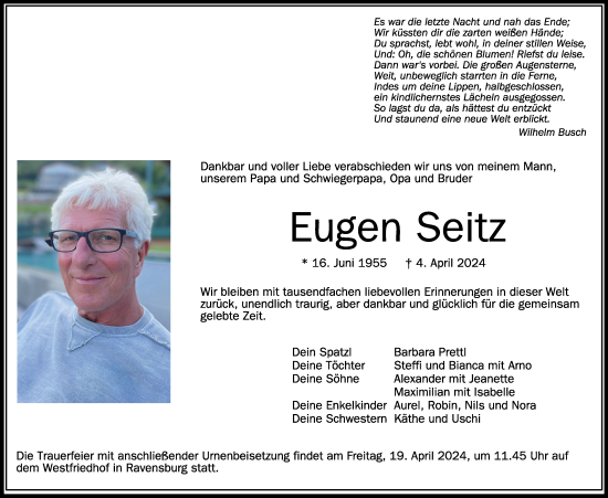 Traueranzeige von Eugen Seitz von Eßlinger Zeitung/Cannstatter Zeitung