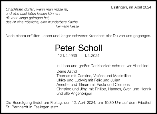 Traueranzeige von Peter Scholl 