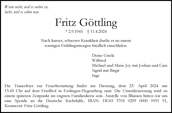 Traueranzeige von Fritz Göttling von Eßlinger Zeitung/Cannstatter Zeitung