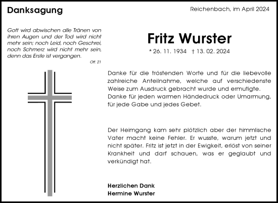 Traueranzeige von Fritz Wurster von Eßlinger Zeitung/Cannstatter Zeitung