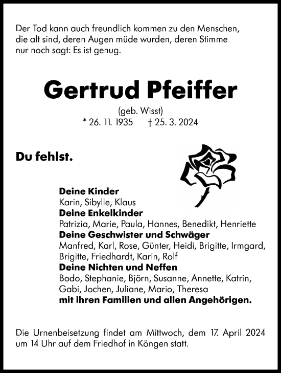 Traueranzeige von Gertrud Pfeiffer von Eßlinger Zeitung/Cannstatter Zeitung