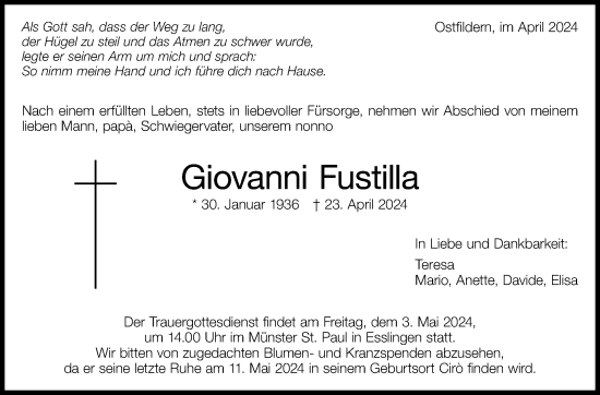 Traueranzeige von Giovanni Fustilla von Eßlinger Zeitung/Cannstatter Zeitung