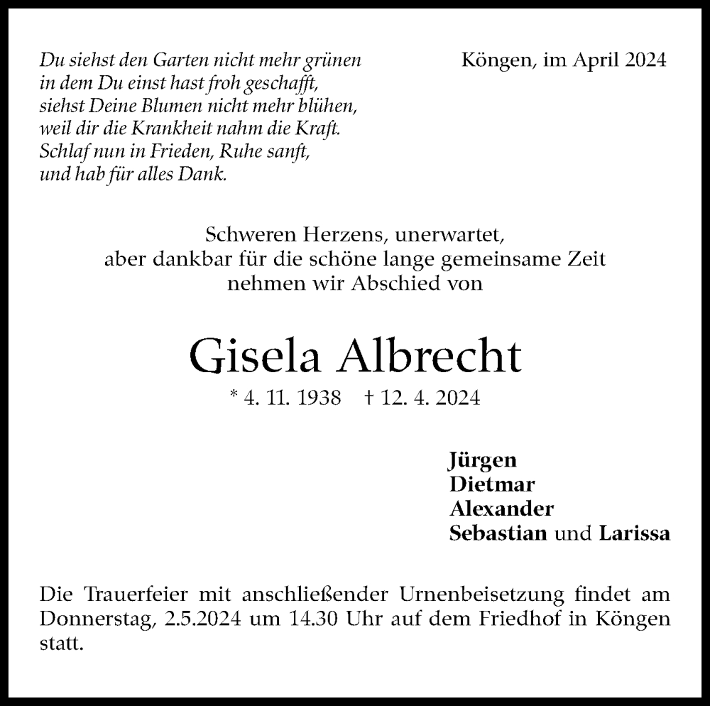  Traueranzeige für Gisela Albrecht vom 25.04.2024 aus Eßlinger Zeitung/Cannstatter Zeitung