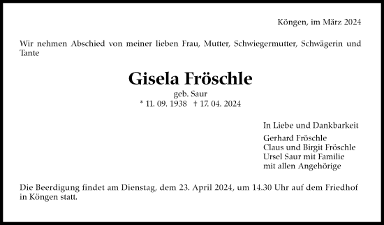 Traueranzeige von Gisela Fröschle von Eßlinger Zeitung/Cannstatter Zeitung