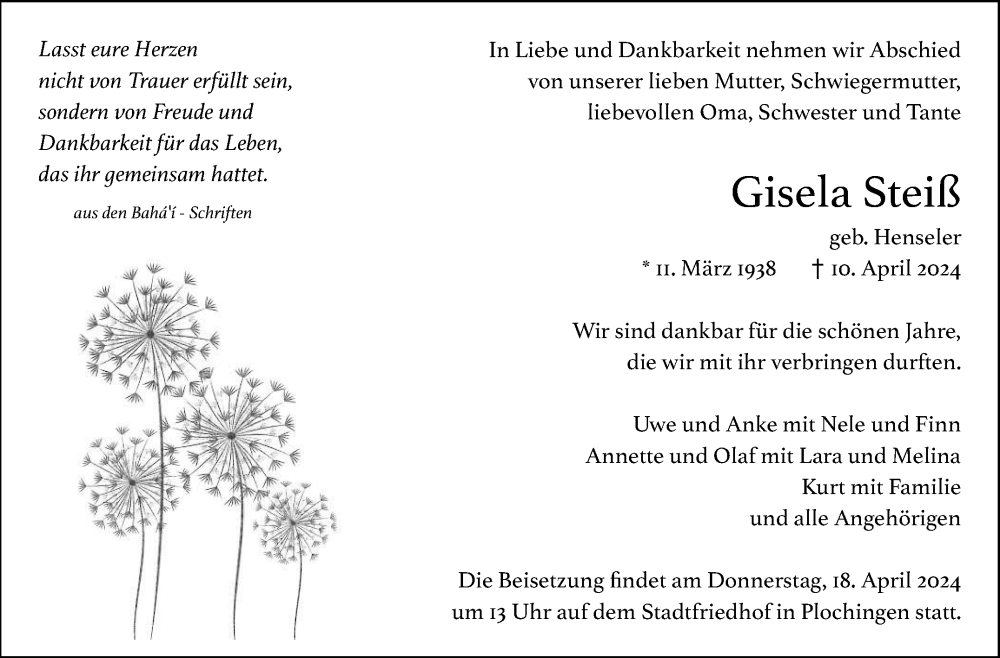  Traueranzeige für Gisela Steiß vom 16.04.2024 aus Eßlinger Zeitung/Cannstatter Zeitung