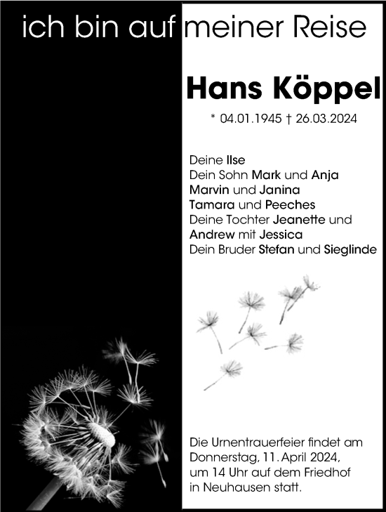 Traueranzeige von Hans Köppel von Eßlinger Zeitung/Cannstatter Zeitung