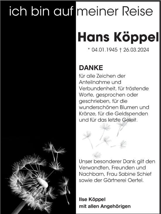 Traueranzeige von Hans Köppel von Eßlinger Zeitung/Cannstatter Zeitung