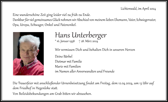 Traueranzeige von Hans Unterberger von Eßlinger Zeitung/Cannstatter Zeitung